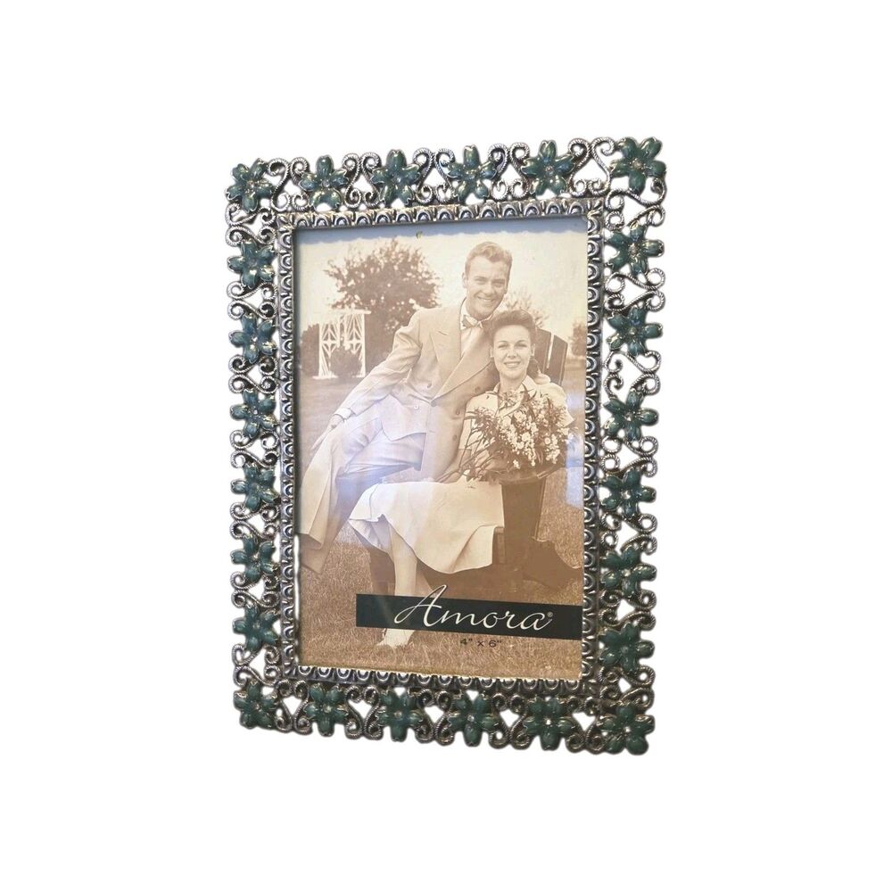Amora 4*6 Photo Frame Silver Tone Floral Green Enamel Rhinestone Filigree
